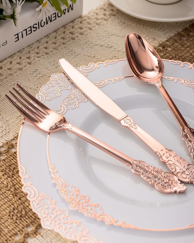 Plates Set with Rose Gold Border, Disposable Plastic, 350 Pieces
