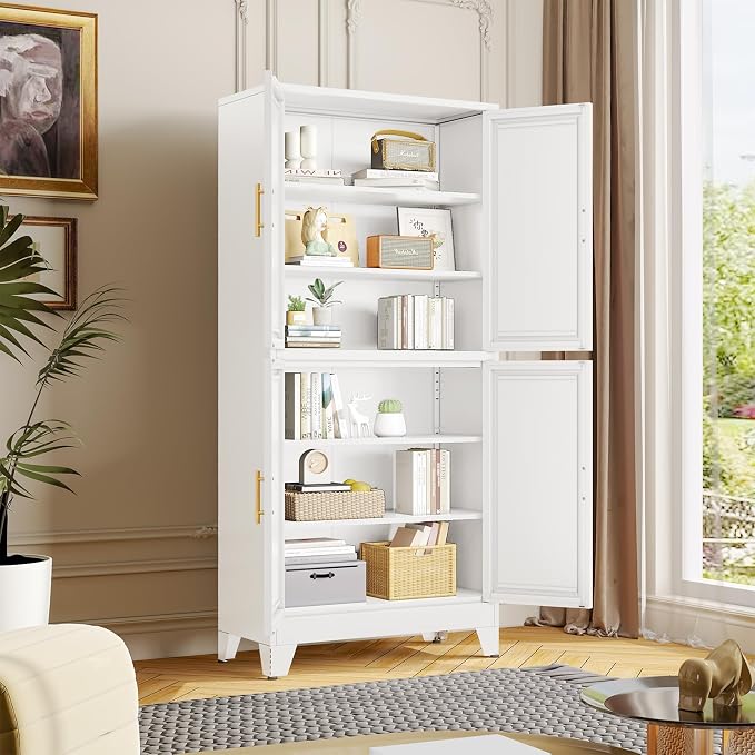 Freestanding Kitchen Pantry Cabinet, 75-Inch Tall White Metal with 4 Shelves