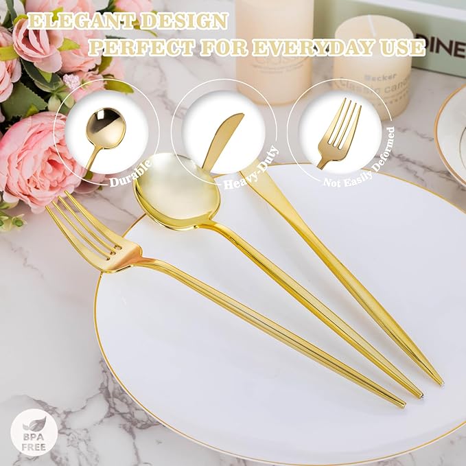 Forks: 150-Piece Gold Plastic Disposable Silverware Set, Heavy Duty