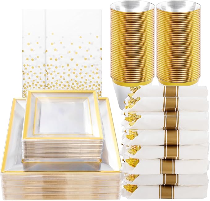 Plates Set, 352 Pieces, Clear Plastic with Gold Rim