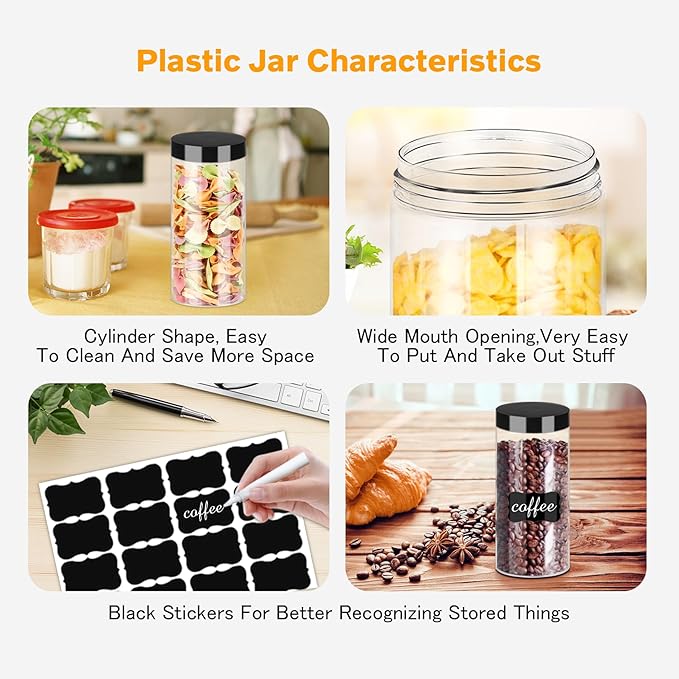 Food Jar Canisters, 16 oz Clear PET Plastic, 16 Pack with Marker and Labels