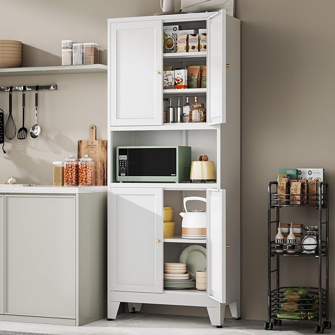 Pantry Cabinet with Microwave Shelf, 69 Inch White Metal, 4 Doors