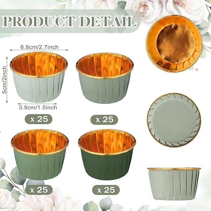 Baking Cups 100 Count Gradient Sage Green Foil Liners, 4 Colors