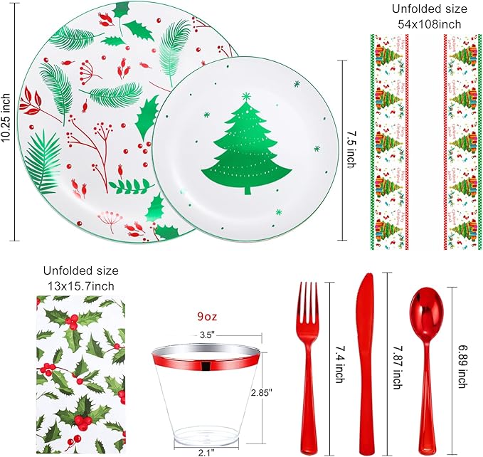 Disposable Christmas Plates Set, Green Tree Pattern, 176 Pieces