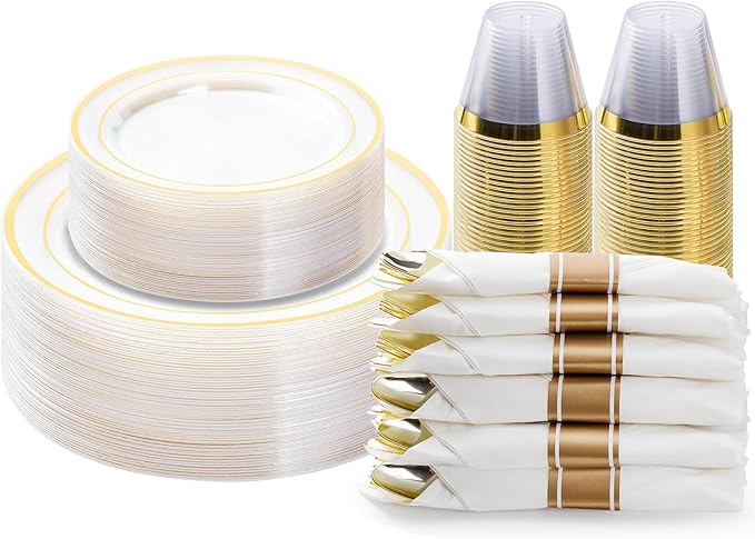 Plastic Plates Set, Clear with Gold Rim for 25 Guests