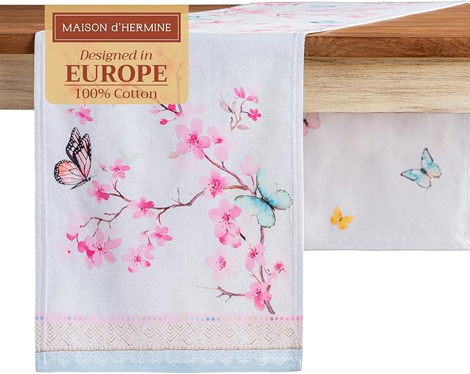 Table Runner, Cotton Double Layer, 14.5 x 108 Inches, Blossoms in Spring