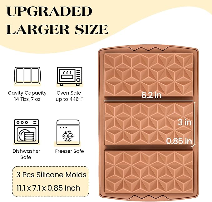 3 Pcs Deep Dubai Chocolate Bar Mold Large Stuffed Silicone Molds for Filling Knafeh Pistachio Chocolate Bar Thick Candy Molds Break Apart (Pyramid Shape)