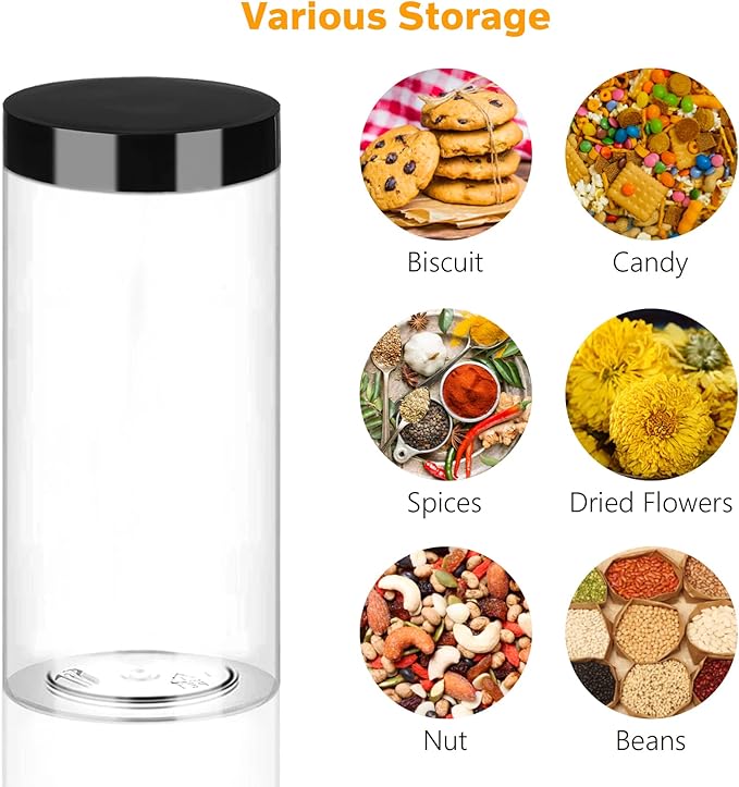 Food Jar Canisters, 16 oz Clear PET Plastic, 16 Pack with Marker and Labels