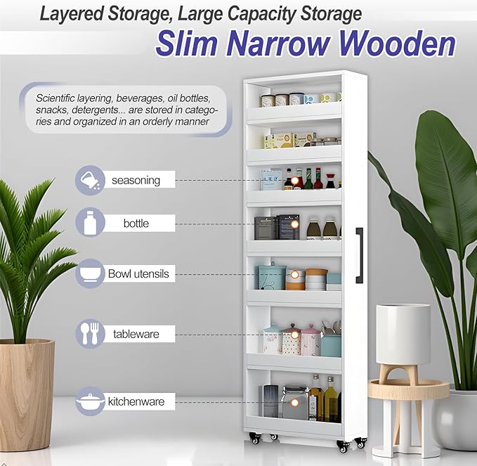 7-Tier Slim Storage Cart, Wooden Rolling Pantry Cabinet with Wheels, Narrow Shelf Organizer for Kitchen, Bakers Rack, Dining Room, Closet, Small Spaces Warm White 47.2" H*5.9" W*23.6" D