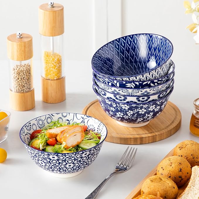 Cereal Bowls Set of 6, 24 oz Blue and White Floral Porcelain