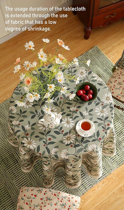 Round Tablecloth 67 Inch Linen-Blend Floral Design for Dining Tables