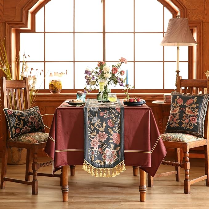 Velvet Table Runner, Floral Bouquet Design, 12 x 71 Inch Polyester