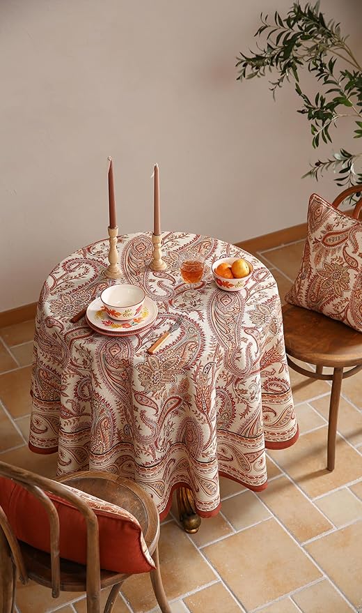 55-Inch Round Linen Blend Tablecloth with Floral Pattern for Dining