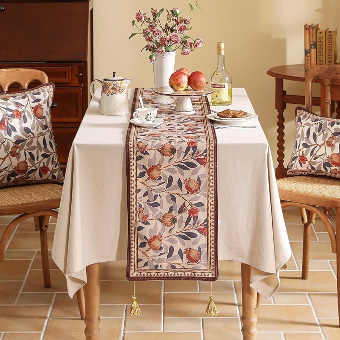 Table Runner, 12 x 87 Inch Floral Pomegranate Linen-Polyester Blend