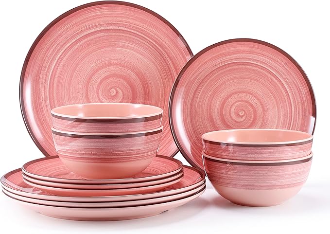 Melamine Dinnerware Set, 12 Piece Pink Round Plates and Bowls for 4