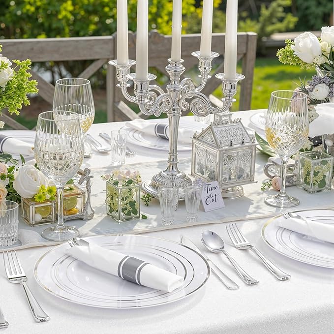 Party Plates Set for 50 Guests in White and Silver Hard Plastic