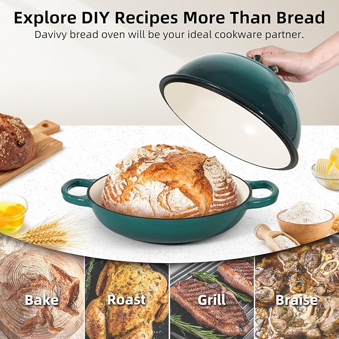 Davivy 5.5QT Cast Iron Sourdough Bread Pan with Silicone Oven Mitts, Enameled Cast Iron Bread Cloche, 10" Round Sourdough Dutch Oven with Lid, Dutch Oven for Sourdough Bread - Gradient Teal