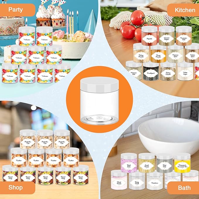 Food Jars 6 oz Clear Plastic with White Lids, 48 Pack Wide Mouth