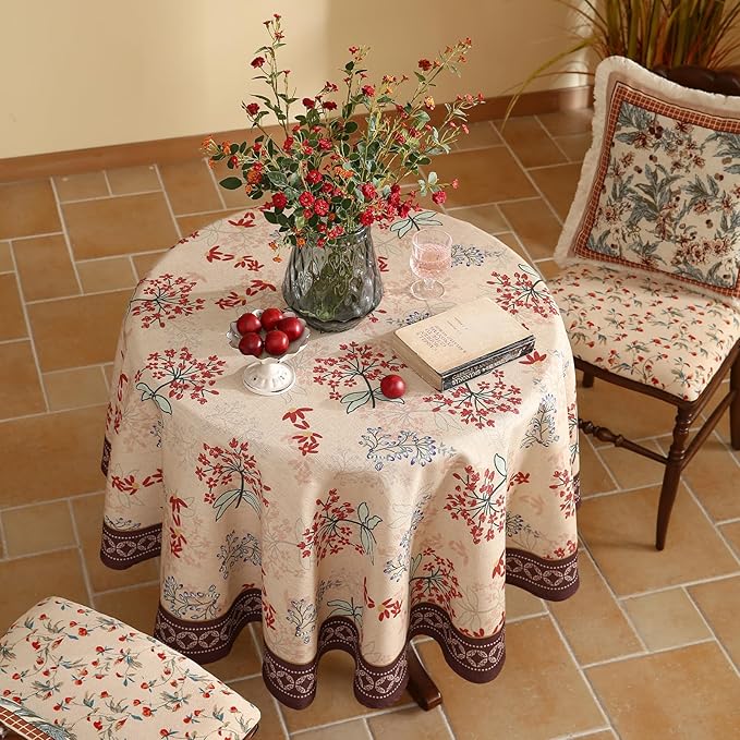 Round Tablecloth, 67-Inch, Polyester-Linen Blend, Vintage Red Floral Pattern