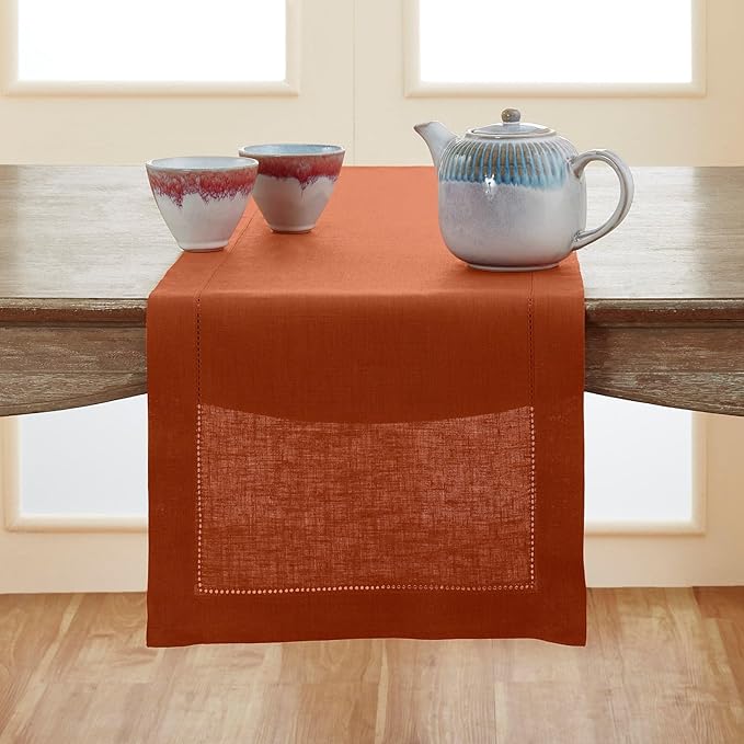 Table Runner, Cinnamon Pure Flax Linen, Hemstitch, 14 x 36 Inch