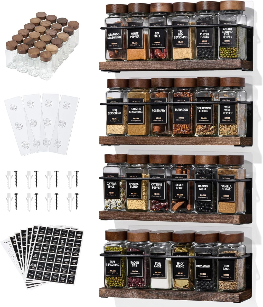 4-Tier Wall Mount Spice Rack Organizer with 24 Glass Jars, 216 Labels & Funnel