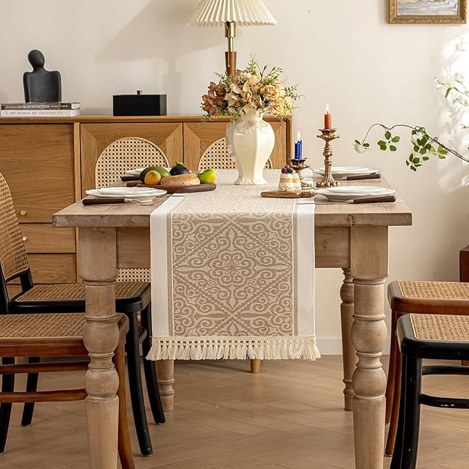 Table Runner 14 x 107 Inch, Coffee Polyester Boho with Fringe