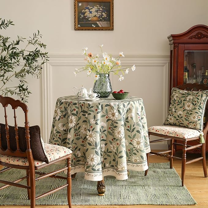 Round Tablecloth 67 Inch Linen-Blend Floral Design for Dining Tables