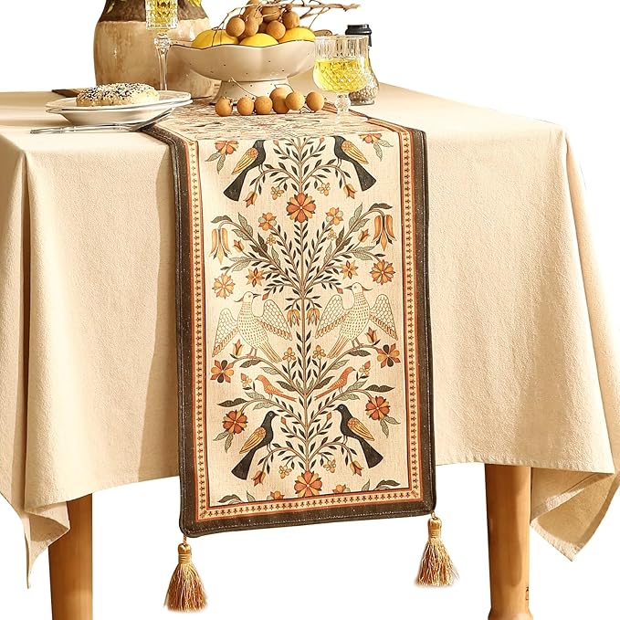 Yellow Floral Linen Table Runner, 12 x 71 Inches, Folk Art Bird Design