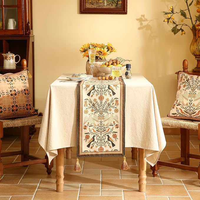 Yellow Floral Linen Table Runner, 12 x 71 Inches, Folk Art Bird Design