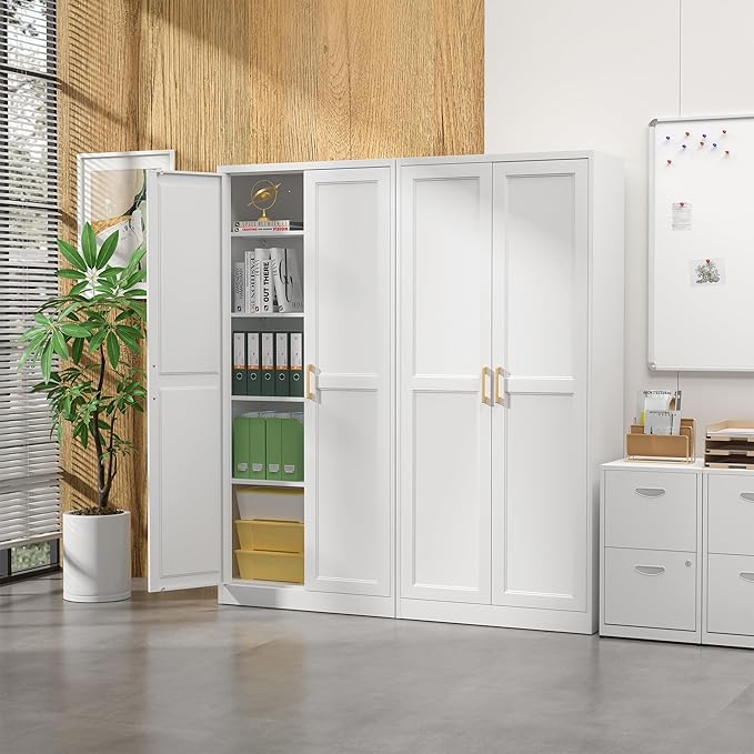 Tall Pantry Storage Cabinet, 71-Inch White Metal with Doors and 4 Shelves