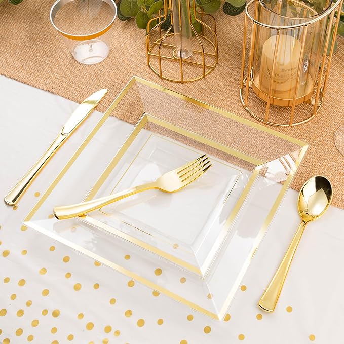 Plates Set, 352 Pieces, Clear Plastic with Gold Rim