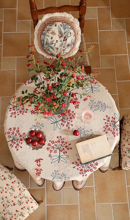 Round Tablecloth, 67-Inch, Polyester-Linen Blend, Vintage Red Floral Pattern