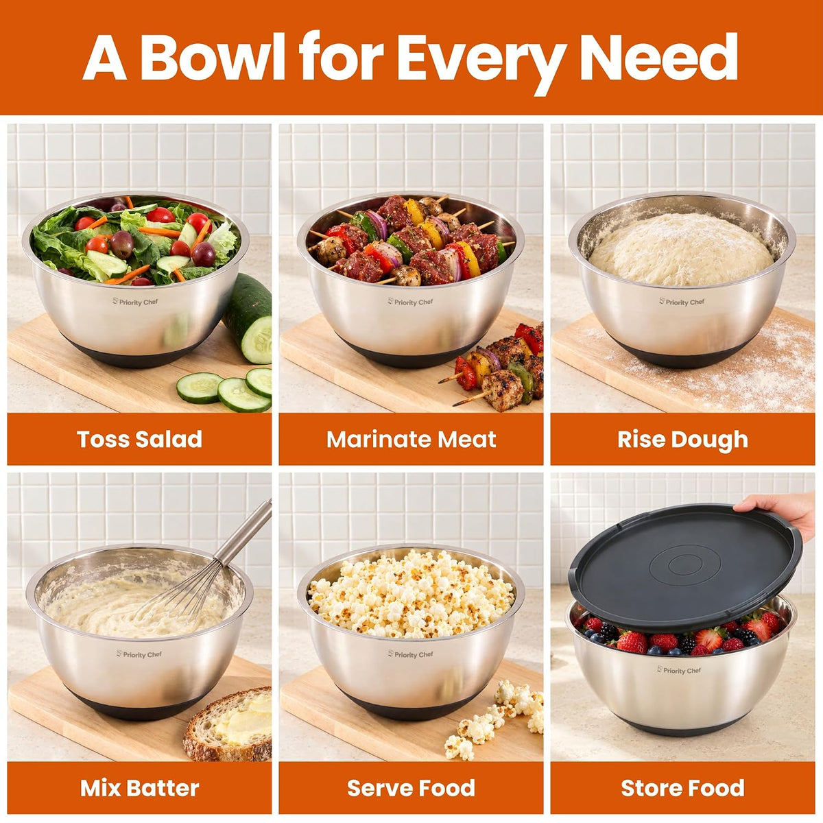 Premium Mixing Bowls with Airtight Lids Set, Thicker Stainless Steel, Black – size reference