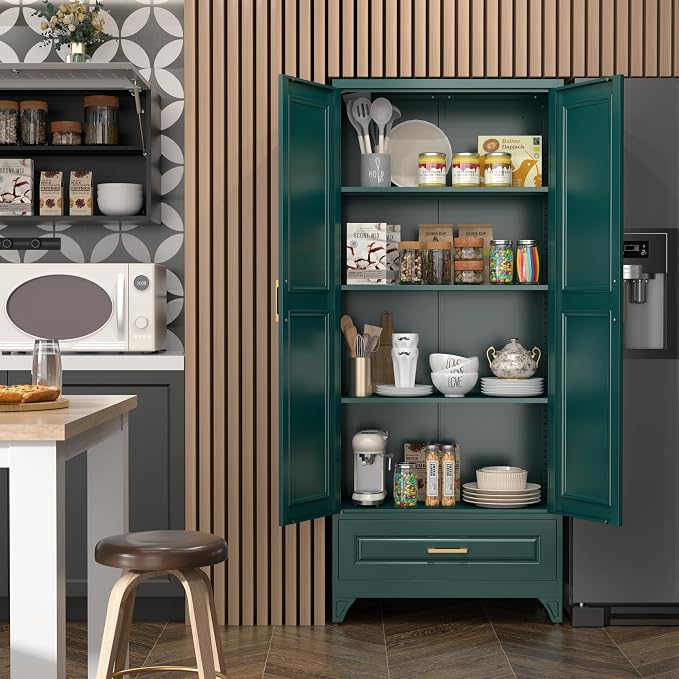 Pantry Cabinet 75-Inch Green Metal with Drawer, Doors and 4 Shelves