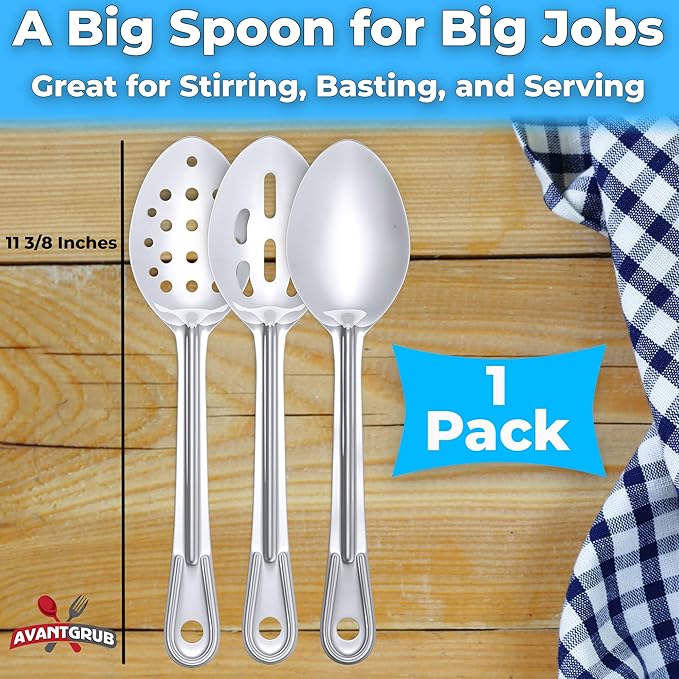 Cooking Spoons: 11 in 18/8 Stainless Steel, Ergonomic Handle, 3-Pack