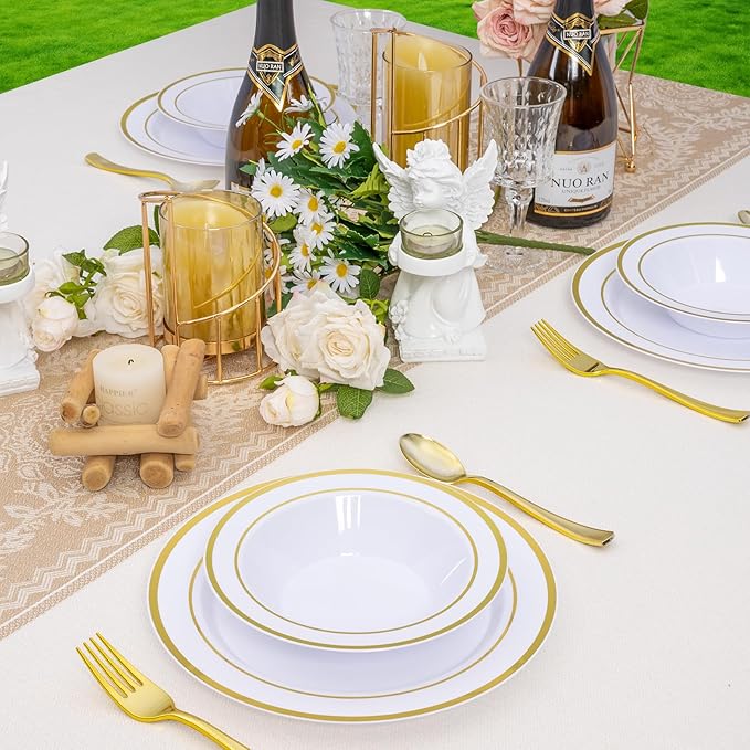 Disposable Bowls 12oz, 50 Count, White with Gold Rim