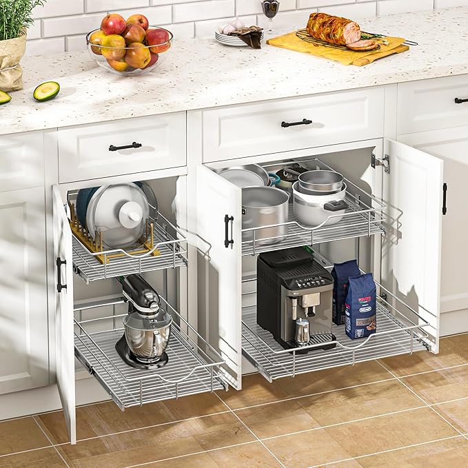 Pull-Out Cabinet Organizer, 2-Tier Alloy Steel with Soft-Close Slides
