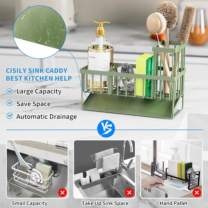 Kitchen Sink Organizer with Brush Holder, 304 Stainless Steel, Sage Green