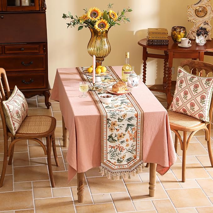 Table Runner 12 x 87 Inch Floral Pattern, Coffee Linen-Polyester Blend