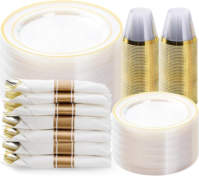 Plastic Party Plates Set for 50 Guests, Clear with Gold Rim