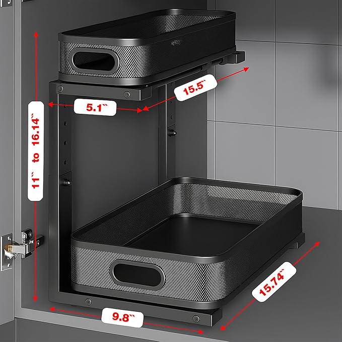 Kitchen Storage Pull-Out Mesh Organizer, 2-Tier Black Carbon Steel