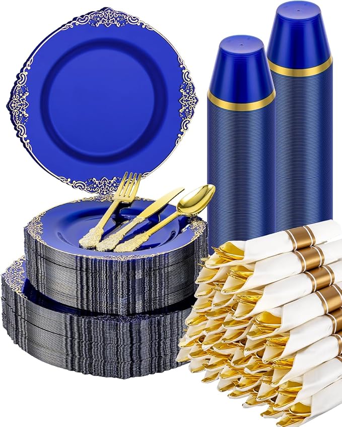 Disposable Plastic Plates, Clear Blue, 350 Pieces for 50 Guests