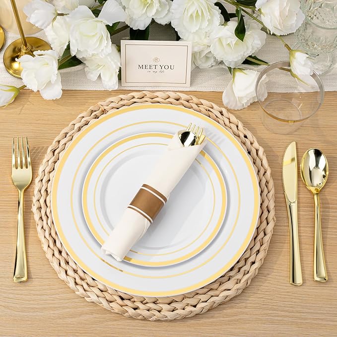 Plastic Plates Set with Gold Rims, 10.25 and 7.5 Inch, for 100 Guests