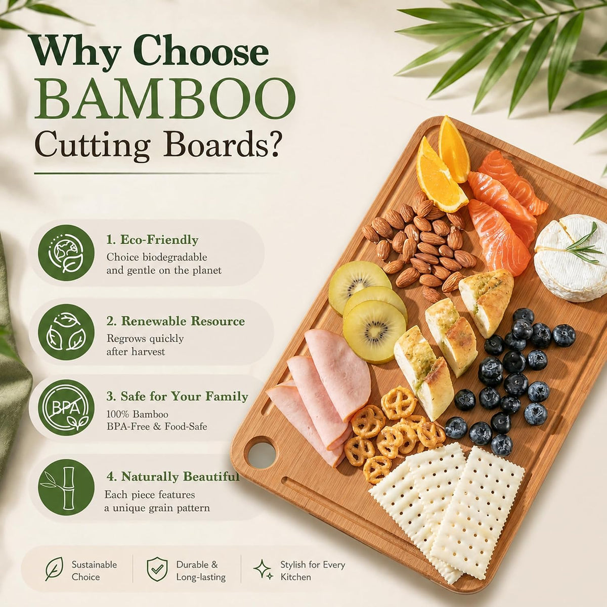 Bamboo Cutting Board 3-Piece Wooden Cutting Board & Knife Sets for kitchen – set view