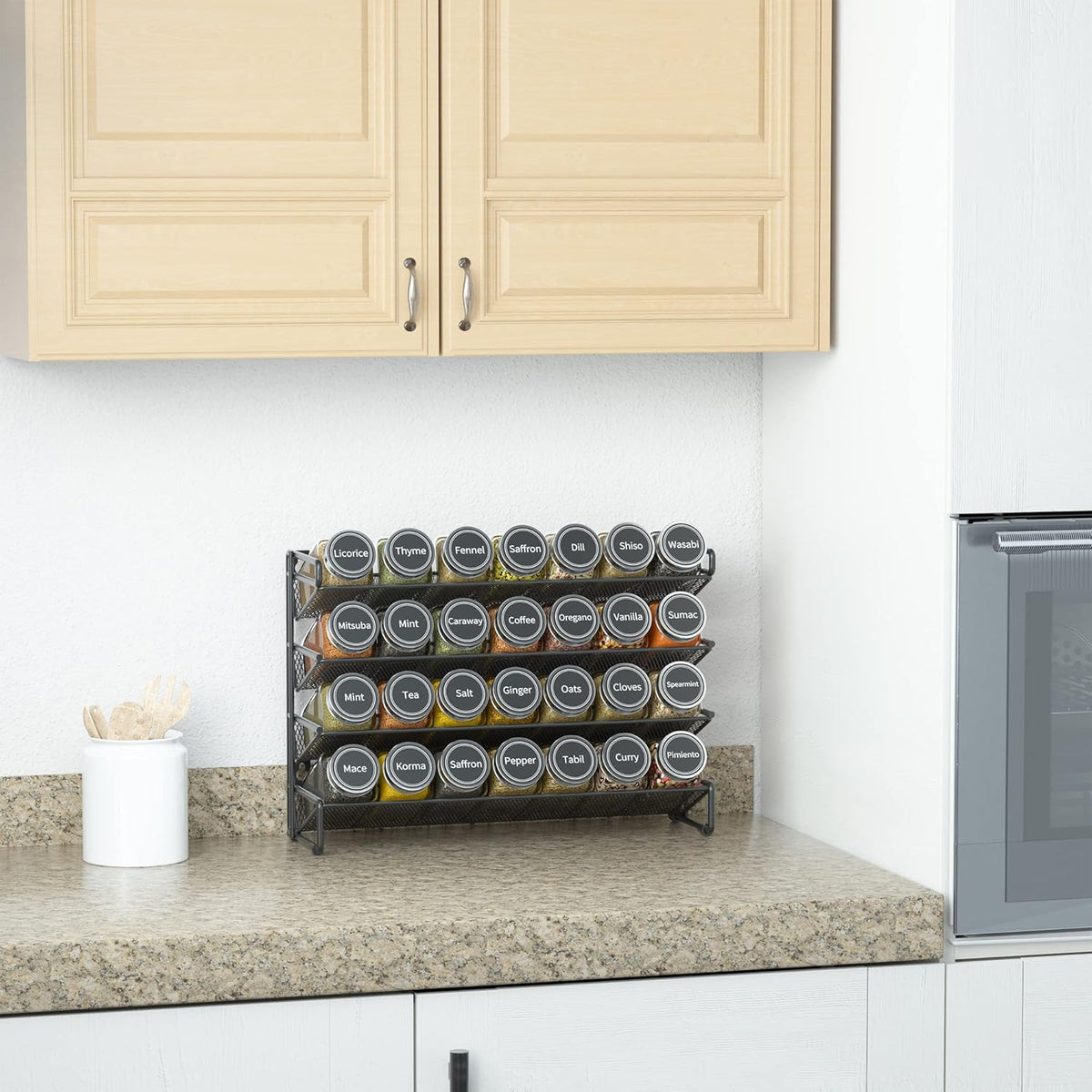 Spice Rack Organizer, 4-Tier Black Steel with 28 Glass Jars and 386 Labels