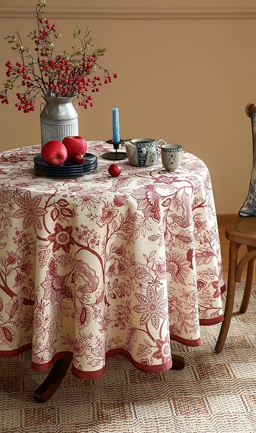Round Tablecloth, 67 Inch Linen-Polyester Blend, Red Floral