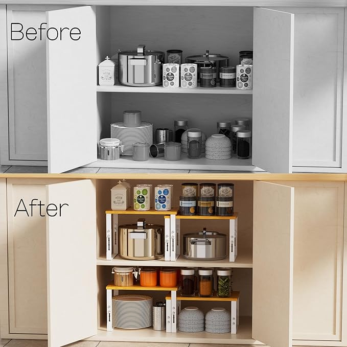 Adjustable Storage Shelves for Kitchen Cabinet Organization - Set of 2 Stackable Metal & Solid Wood Racks, Space-Saving Design for Countertop/Pantry/Garage, Easy Assembly(1 Pack/Medium/White)