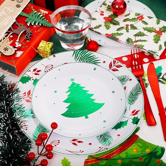 Disposable Christmas Plates Set, Green Tree Pattern, 176 Pieces