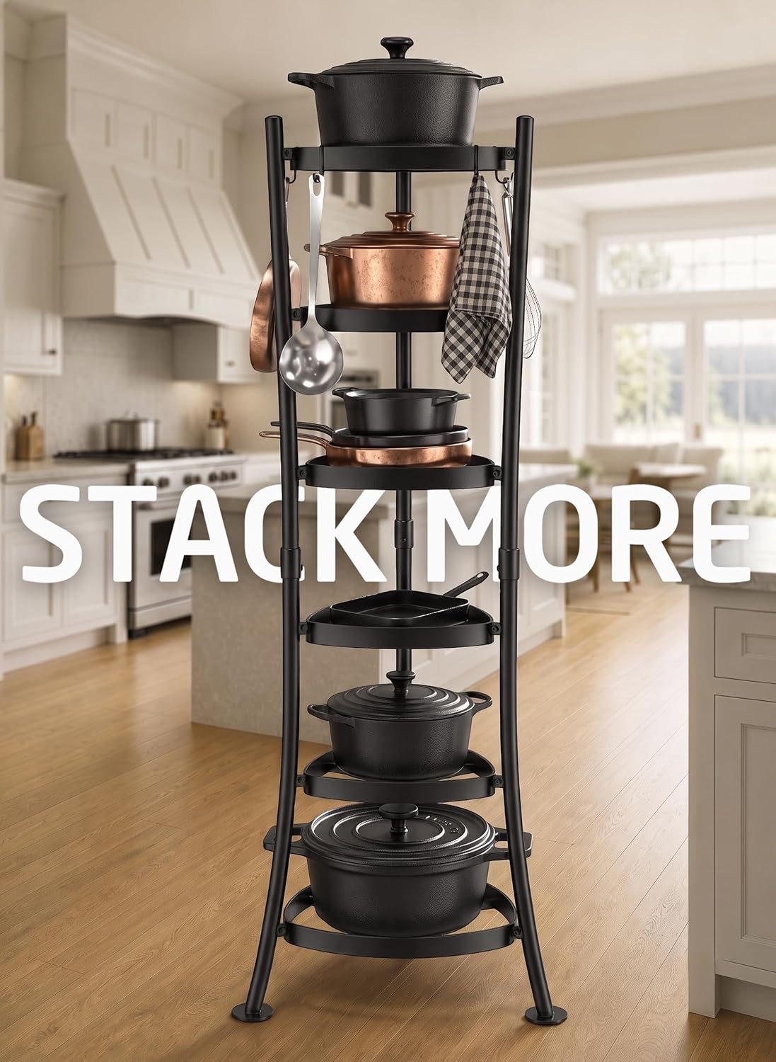 Pot Rack, Freestanding 6-Tier Black Iron Cookware Stand with 6 Hooks