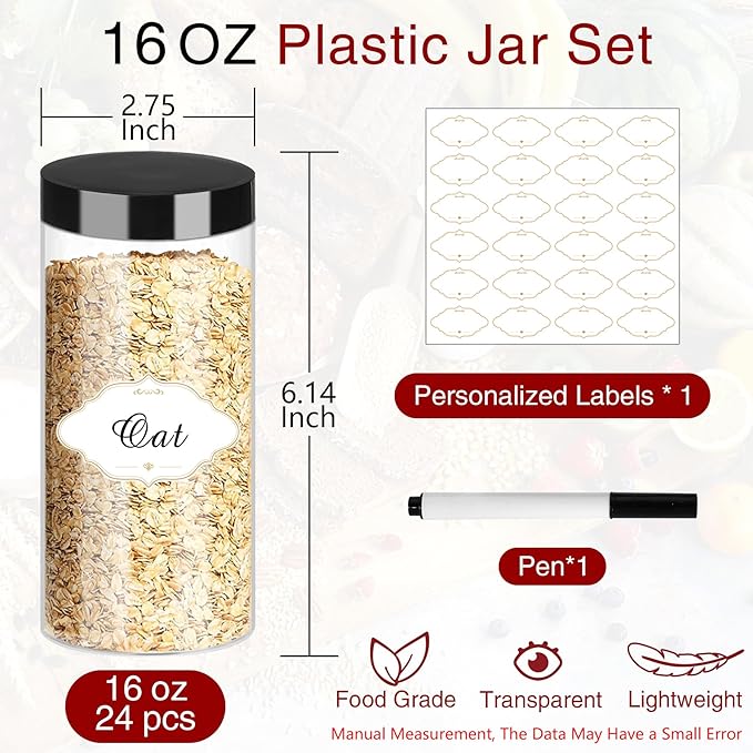 Food Jar Canisters 16 oz Clear PET Plastic with Airtight Lids, 24 Pack